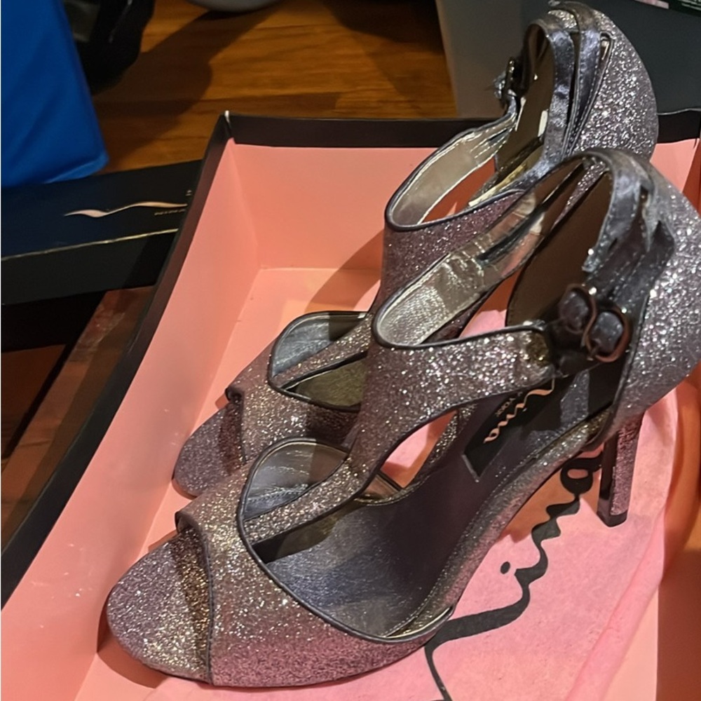 Nina Sparkling Silver Peep-Toe Heels